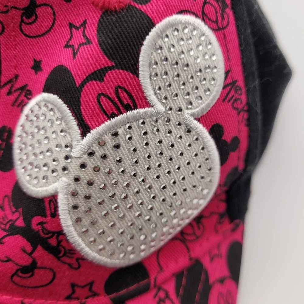 Disney Park, Mickey Mouse Youth, Cap, Pink Black With Rhinestones Adjustable